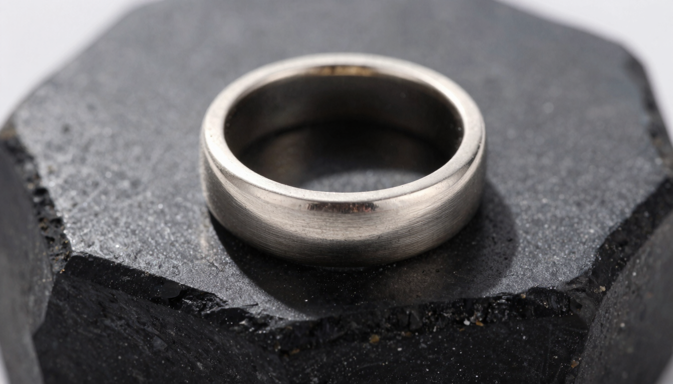Extreme macro close-up of brushed silver structural ring resting on a dark petroleum geometric stone, sharp directional light, high-contrast shadows, 35mm