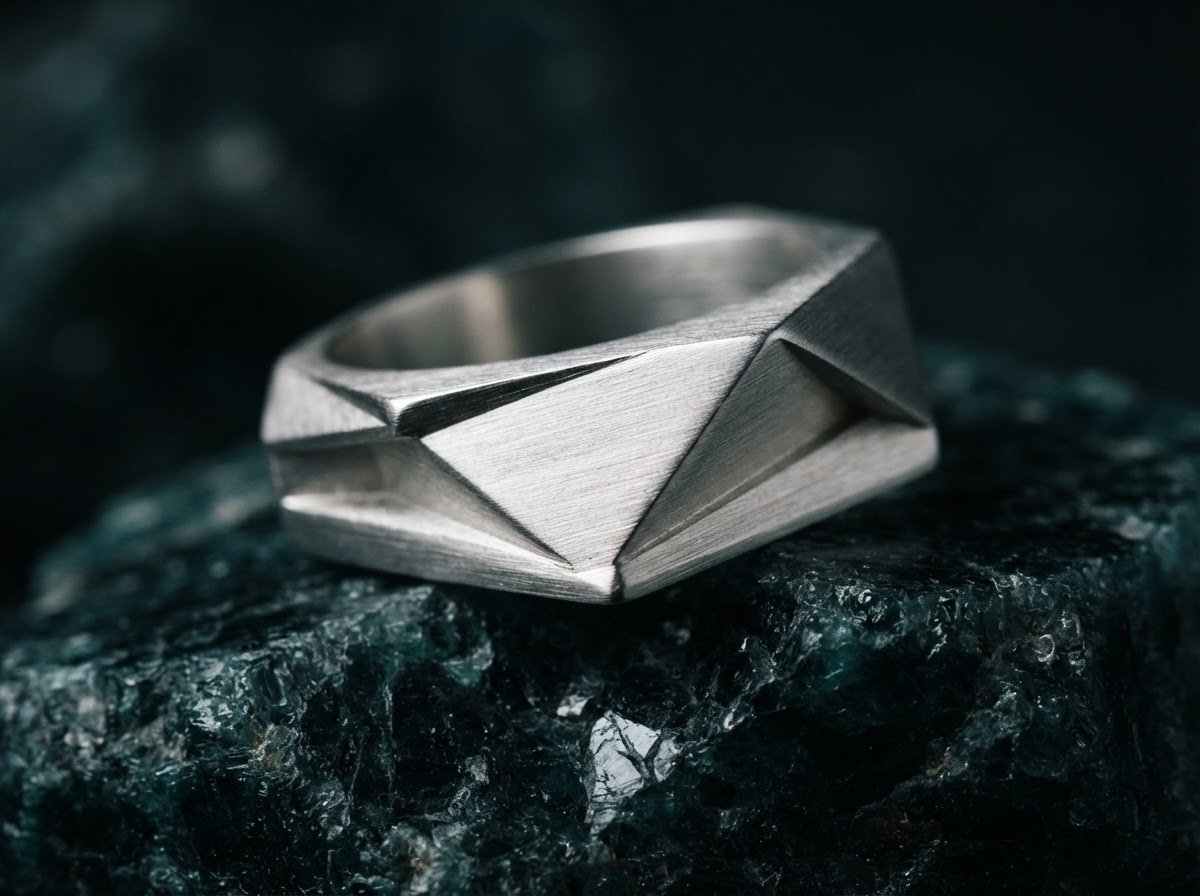 Macro close-up of a contemporary brushed silver ring with sharp geometric angles, resting on a dark petroleum stone, high-contrast directional lighting, 35mm photography